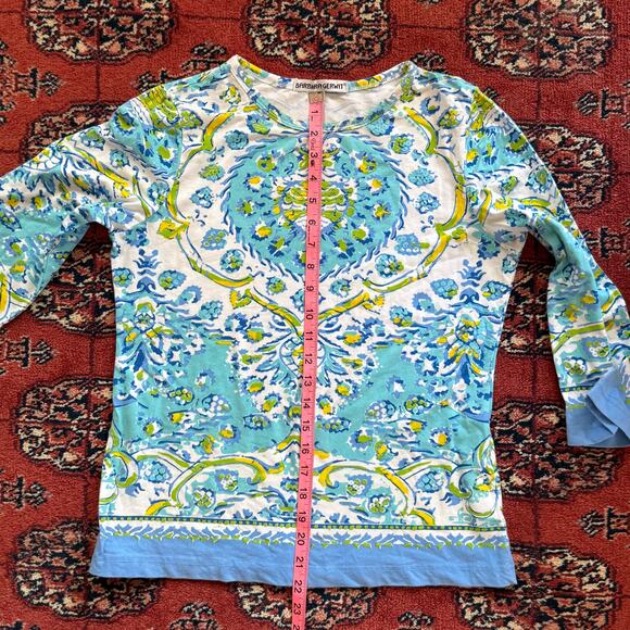 Barbara Gerwit L Aqua Blue/Green Print Stretch Cotton Long Sleeve T-Shirt - Picture 7 of 7